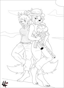 Rating: Safe Score: 0 Tags: 2012 4_toes aleksander_blaire anthro barefoot blush breasts canid canine canis claws cleavage clothed clothing collar digital_media_(artwork) duo e621 eye_contact feet female fox gun hair hat headgear headwear line_art looking_at_another looking_back male mammal outside ponytail ranged_weapon rifle scottyartz short_hair sierra_blakely smile standing tail toes toony weapon wolf User: bunchy7s