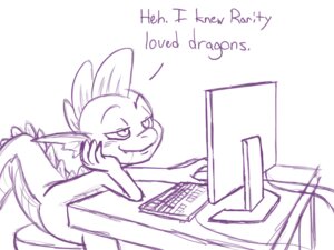 Rating: Safe Score: 0 Tags: 4:3 chair computer computer_keyboard computer_mouse cord dialogue dragon e621 electronics english_text friendship_is_magic furniture hasbro jacorey male monitor monochrome my_little_pony mythological_creature mythological_scalie mythology purple_and_white scalie simple_background solo spike_(mlp) tail teeth text white_background User: bunchy7s