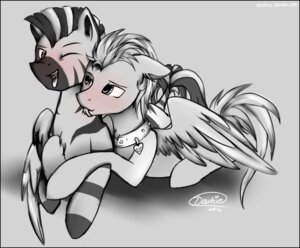 Rating: Safe Score: 0 Tags: 2014 ambiguous_gender black_border border collar cutie_mark daxhie duo e621 equid equine eye_contact fan_character feathered_wings feathers greyscale hasbro licking looking_at_another mammal monochrome my_little_pony mythological_creature mythological_equine mythology nimble_bolt_(character) one_eye_closed open_mouth pegasus stripes tongue tongue_out tumblr wings zebra User: bunchy7s