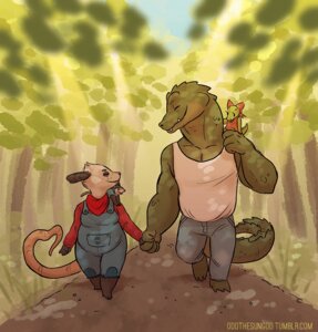 Rating: Safe Score: 0 Tags: alligator alligatorid american_opossum anthro child clothing crocodilian detailed_background duo_focus e621 female forest group hand_holding kerchief lily_opossum male mammal marsupial mother_(lore) outside overalls parent_(lore) plant poppy_opossum poppy_opossum_(character) reptile scalie tree unknown_artist virginia_opossum young User: bunchy7s
