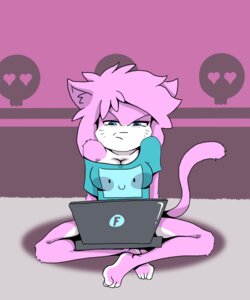 Rating: Safe Score: 0 Tags: 5:6 adventure_time aeris_(vg_cats) anthro barefoot big_breasts biped blue_eyes bmo breasts cartoon_network cleavage clothed clothing computer countershading domestic_cat e621 electronics feet felid feline felis female fr0st frown hair heart_symbol hi_res laptop mammal pink_hair sitting solo vg_cats User: bunchy7s