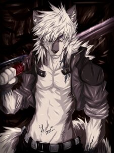 Rating: Safe Score: 0 Tags: 2011 3:4 abs anthro athletic bare_chest belt biceps biped black_nose bottomwear canid canine canis clothed clothing e621 fangs fingerless_gloves fur gloves grey_body grey_fur grey_hair grin hair handwear hi_res jacket kiba-wolf looking_at_viewer male mammal melee_weapon muscular muscular_anthro open_clothing open_shirt open_topwear pants pecs pose purple_eyes scar shirt short_hair smile solo sressed standing sword tattoo teeth topwear v-cut weapon weapon_on_shoulder white_body white_fur white_hair wolf User: bunchy7s