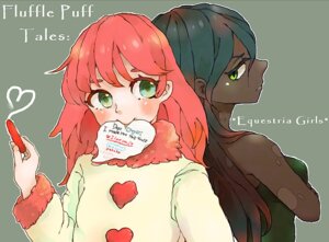 Rating: Safe Score: 0 Tags: 2013 alternate_species chi-hayu clothing duo e621 english_text equestria_girls fan_character female fluffle_puff fluffle_puff_(eg) grandfathered_content green_eyes green_hair hair hasbro heart_symbol human humanized mammal mouth_hold my_little_pony pink_hair queen_chrysalis_(eg) shirt text topwear User: bunchy7s