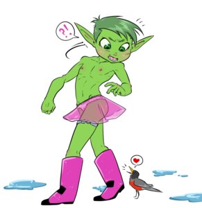 Rating: Questionable Score: 0 Tags: avian beak beast_boy bird blush butt cartoon_network clothed clothing crossdressing dc_comics duo e621 exclamation_point femboy green_body green_eyes green_hair green_skin hair heart_symbol hi_res humanoid interrobang kamechuu male nipples panties question_mark simple_background solo_focus teen_titans teen_titans_(television_series) underwear white_background User: bunchy7s