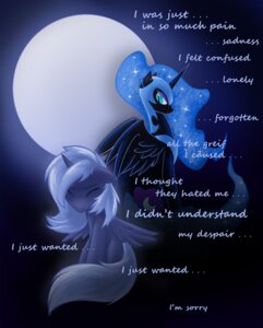Rating: Safe Score: 0 Tags: ambris armor black_body black_feathers blue_body blue_feathers blue_hair duo e621 english_text equid equine ethereal_hair feathered_wings feathers female feral friendship_is_magic hair hasbro horn long_hair mammal moon my_little_pony mythological_creature mythological_equine mythology nightmare_moon_(mlp) princess_luna_(mlp) sad simple_background tail text toony winged_unicorn wings User: bunchy7s