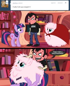 Rating: Safe Score: 0 Tags: black_hair blue_eyes cape clothing comic cross-popping_vein cutie_mark dan_(dan_vs.) dan_vs. dan_vs_fim e621 earth_pony english_text equid equine fan_character female feral fluffle_puff friendship_is_magic fur green_eyes hair hasbro horn horse male mammal multicolored_hair my_little_pony mythological_creature mythological_equine mythology pink_hair pony purple_body purple_eyes purple_fur purple_hair quadruped shirt tail text text_on_clothing text_on_shirt text_on_topwear topwear twilight_sparkle_(mlp) two_tone_hair unicorn vein User: bunchy7s