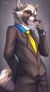 Rating: Safe Score: 0 Tags: 2013 5_fingers accessory anthro biped black_body black_fur black_nose bottomwear brown_eyes business_suit clothed clothing digital_media_(artwork) e621 eyebrows eyelashes falvie fingers fluffy fluffy_tail fully_clothed fur gradient_background grey_background grey_body grey_fur grey_tail hand_behind_back humanoid_hands looking_at_viewer male mammal multicolored_body multicolored_fur multicolored_tail necktie one_eye_closed orange_eyes pants portrait procyonid raccoon shirt simple_background smile smirk snout solo standing suit tail teeth three-quarter_portrait topwear white_body white_fur white_tail wink User: bunchy7s