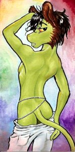 Rating: Questionable Score: 0 Tags: anthro biped bottomwear bottomwear_down brown_hair butt clothed clothing domestic_cat e621 felid feline felis green_body green_skin hair looking_at_viewer looking_back male mammal pants pants_down partially_clothed rear_view solo standing tail topless tyelle_niko undressing User: bunchy7s