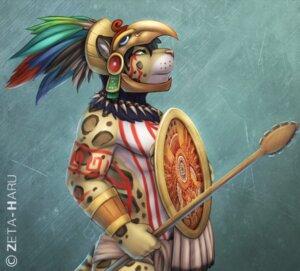 Rating: Safe Score: 0 Tags: abstract_background anthro armband armor aztec bodypaint bottomwear clothing countershading e621 feathered_shield feathers felid fur green_eyes headgear helmet holding_object holding_weapon jewelry leopard loincloth male mammal melee_weapon necklace pantherine patterns polearm shield simple_background solo spear weapon zeta-haru User: bunchy7s