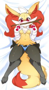 Rating: Questionable Score: 0 Tags: anthro bed biped blush braixen breasts canid canine clothing digitigrade e621 female furniture generation_6_pokemon hi_res inner_ear_fluff lying mammal nintendo on_back on_bed panties pokemon pokemon_(species) pokemorph red_eyes shirt_unbuttoned slugbox solo tuft underwear wide_hips User: bunchy7s
