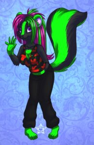 Rating: Safe Score: 0 Tags: 2010 4_toes abstract_background anthro barefoot bent_over big_tail biped black_body black_fur bottomwear breasts caramel-kitteh chest_tuft cleavage clothed clothing countershading critter_rhode_(character) e621 feet female fluffy fluffy_tail fur gesture green_body green_countershading green_fur green_hair green_markings hair knock-kneed looking_at_viewer mammal markings mephitid multicolored_body multicolored_fur multicolored_hair navel pants plantigrade purple_eyes purple_hair shirt shy skunk smile solo tail toes topwear tuft two_tone_body two_tone_fur two_tone_hair watermark waving User: bunchy7s