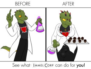 Rating: Questionable Score: 0 Tags: 2013 advertisement anthro askir before_and_after bottle breasts bulge clothing container crossgender cupcake e621 english_text food gender_transformation green_body gynomorph hi_res intersex kobold male mtg_transformation mti_transformation nx-42 scalie solo text transformation User: bunchy7s