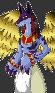 Rating: Safe Score: 0 Tags: anthro anubismon bandai_namco black_hair blue_body blue_fur bottomwear bracelet canid canine claws clothed clothing deity digimon digimon_(species) e621 feathered_wings feathers fur grey_background hair jewelry long_hair male mammal markings mazapan multicolored_body pants red_eyes simple_background solo topless wings User: bunchy7s