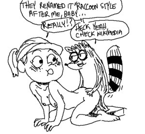 Rating: Explicit Score: 0 Tags: all_fours anthro anthro_on_feral bestiality black_and_white breasts cartoon_network dialogue doggystyle duo e621 english_text female feral from_behind_position interspecies male male/female mammal monochrome nipples nude procyonid raccoon raccoon_style regular_show rigby_(regular_show) sex tail text unknown_artist User: bunchy7s