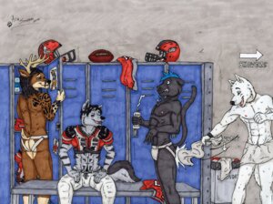 Rating: Safe Score: 0 Tags: 2011 ace_stryker american_football anthro armor artist_name bulge butt canid canine canis clothed clothing dated deer dreadlocks e621 ear_piercing english_text eye_black felid football_gear group headgear helmet jockstrap lace-up_fly locker locker_room male male/male mammal pantherine piercing prank protective_cup sport sports_pads tail text towel towel_whip underwear wolf User: bunchy7s