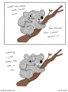 Rating: Safe Score: 0 Tags: age_difference ambiguous_gender daww dialogue duo e621 english_text female feral fur grey_body grey_fur hi_res humor koala leaf liz_climo mammal marsupial mother_(lore) parent_(lore) plant simple_background text tree url vombatiform white_background young young_feral User: bunchy7s