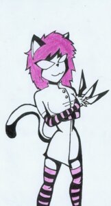 Rating: Safe Score: 0 Tags: anthro clothing coat domestic_cat e621 felid feline felis female hair hi_res johndarwinencarnado knife lab_coat legwear mammal nurse pink_hair smile solo tail the_doodling_dead thigh_highs topwear weapon User: bunchy7s