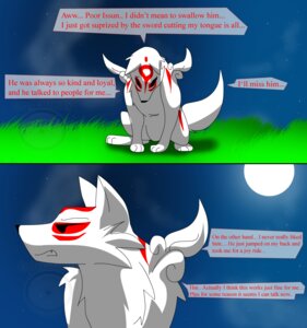 Rating: Questionable Score: 0 Tags: 2008 amaterasu_(okami) canid canine canis capcom clover_studio comic commentary deity dialogue digital_media_(artwork) e621 english_text eyeofcalamity female feral fur grief humor mammal mourning okami_(capcom) poncle quadruped red_strips sad solo tail text thinking thoughtful_expression two_panel_image white_body white_fur wolf User: bunchy7s