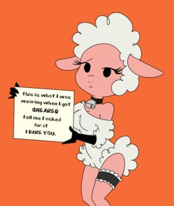 Rating: Questionable Score: 0 Tags: :< accessory anthro bare_shoulders bell bell_collar biped black_eyes bovid breasts caprine cleavage clothed clothing collar cowbell domestic_sheep droopy_(series) e621 english_text female frown garter holding_object holding_sign hypocrite leg_garter leggy_lamb looking_at_viewer mammal metro-goldwyn-mayer orange_background parody pink_body pink_skin sheep sheep_wrecked sign simple_background solo standing tex_avery text unknown_artist what white_body User: bunchy7s
