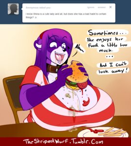 Rating: Questionable Score: 0 Tags: 2013 anthro big_breasts blouse breast_rest breasts burger clothing collar daigo e621 eating english_text female food fruit fur hair happy holding_food holding_object huge_breasts lettuce meat open_mouth pattern_clothing pattern_topwear plant purple_body purple_fur purple_hair shina_(daigo) shirt slightly_chubby solo striped_clothing striped_topwear stripes tail text tomato topwear tumblr vegetable User: bunchy7s