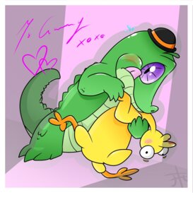 Rating: Safe Score: 0 Tags: 2014 alligator alligatorid blush boneless_(mlp) clothing crocodilian dancing duo e621 english_text feral friendship_is_magic gummy_(mlp) hasbro hat headgear headwear hi_res male my_little_pony purple_eyes reptile rubber_chicken scalie text tilly-towell toy User: bunchy7s