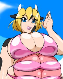 Rating: Questionable Score: 0 Tags: big_breasts bikini blonde_hair blue_eyes bovid bovine breasts breasts_and_teats cattle clothing e621 female hair horn huge_breasts mammal overweight overweight_female solo speeds swimwear teats tight_clothing two-piece_swimsuit udders User: bunchy7s