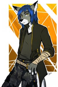 Rating: Safe Score: 0 Tags: 2013 5_fingers anthro arm_wraps belt black_body black_fur black_nose blue_hair bottomwear camo camo_print canid canine canis cargo_pants claws clothed clothing coat digital_media_(artwork) dipstick_ears e621 ear_markings ear_piercing fingerless_(marking) fingers fully_clothed fur grey_body grey_fur hair hi_res looking_at_viewer male mammal markings multicolored_ears outline pants piercing portrait scarlet-frost shirt short_hair solo three-quarter_portrait topwear white_body white_fur wolf wraps yellow_eyes User: bunchy7s