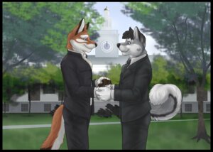 Rating: Safe Score: 0 Tags: 2010 anthro black_border border canid canine canis clock clothed clothing domestic_dog duo e621 eclipticafusion fox fully_clothed grass huskers husky junowolf male male/male mammal married nordic_sled_dog outside plant spitz suit tail tree User: bunchy7s