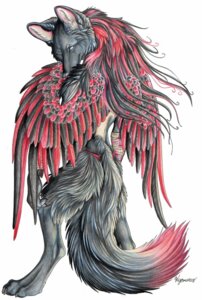 Rating: Safe Score: 0 Tags: ambiguous_gender anthro black_body black_fur canid canine canis e621 feathered_wings feathers fur looking_back lyanti mammal simple_background solo tail white_background wings wolf User: bunchy7s