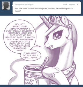 Rating: Safe Score: 0 Tags: ask_blog ask_princess_molestia crown cutlery dessert dialogue e621 english_text equid equine fan_character female feral food friendship_is_magic hair hasbro headgear horn horse ice_cream john_joseco kitchen_utensils long_hair mammal monochrome my_little_pony pony princess_celestia_(mlp) princess_molestia simple_background solo spoon text tiara tools tumblr white_background User: bunchy7s