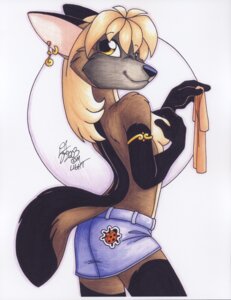Rating: Questionable Score: 0 Tags: 2003 absurd_res anthro bottomwear breasts canid canine clothed clothing covering covering_self e621 ear_piercing female fox hand_on_breast hi_res holding_object looking_at_viewer mammal michele_light piercing side_boob signature skimpy skirt solo tail topless traditional_media_(artwork) User: bunchy7s