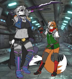 Rating: Safe Score: 0 Tags: abs absolute_territory anthro armor bottomwear breasts canid canine canis clothed clothing crossgender duo e621 female fox fox_mccloud fur grey_body grey_fur gun hair handgun legwear long_hair mammal midriff mtf_crossgender muscular muscular_female nintendo orange_body orange_fur pistol ponytail ranged_weapon rath_raholand rifle scar shorts shoulder_pads size_difference skimpy skirt small_breasts standing star_fox thigh_highs weapon wolf wolf_o'donnell User: bunchy7s