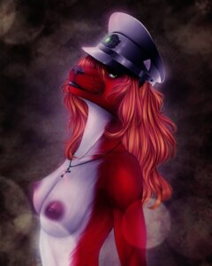 Rating: Questionable Score: 0 Tags: anthro breasts canid canine clothing cross cross_necklace e621 female fur half-length_portrait hat headgear headwear hi_res jewelry jinkah looking_at_viewer mammal necklace nipples nude portrait red_body red_fur solo whiskers User: bunchy7s