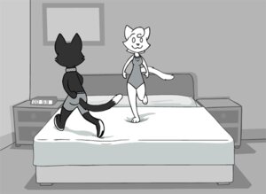 Rating: Safe Score: 0 Tags: animated animated_gif anthro barefoot bed bedroom bell bell_collar belly black_body black_fur black_nose black_pawpads bottomwear clock clothed clothing collar domestic_cat duo e621 feet felid feline felis female fur furniture greyscale hair innuendo inside low_res male mammal memory_foam monochrome pawpads paws pillow short_playtime shorts smile tail tirrel walking white_belly white_body white_fur white_hair User: bunchy7s
