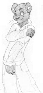 Rating: Safe Score: 0 Tags: 5_fingers anthro biped bottomwear claws clothed clothing e621 ear_piercing felid fingers fitzgerald fully_clothed fur greyscale guide_lines holding_arm hoodie looking_at_viewer male mammal monochrome pantherine pants piercing simple_background smile solo standing sweater topwear white_background zeriara User: bunchy7s