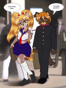 Rating: Questionable Score: 0 Tags: abluedeer anthro asian_clothing bdsm blonde_hair blush brown_hair canid canine clothing collar detailed_background dialogue digital_media_(artwork) duo_focus e621 east_asian_clothing english_text felid female gakuran group hair hi_res japanese_clothing japanese_school_uniform kingofkof leash male mammal maya_(skimike) miles_(kingofkof) petplay puppyplay roleplay school school_uniform serafuku tail text toony uniform url walking User: bunchy7s