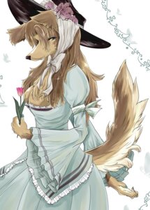 Rating: Safe Score: 0 Tags: anthro breasts brown_hair canid canine canis cleavage clothed clothing e621 female flower hair hat headgear headwear mammal plant ribbons solo tail vanity_(artist) wolf User: bunchy7s