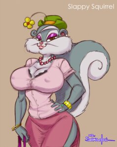 Rating: Questionable Score: 0 Tags: 2014 animaniacs anthro big_breasts bra bra_peek bracelet breasts brown_eyes clothed clothing e621 female flower fully_clothed grey_hair hair hat headgear headwear jewelry lipstick makeup mammal mr_samson nipple_outline plant ring rodent sciurid shirt slappy_squirrel solo topwear tree_squirrel underwear warner_brothers User: bunchy7s