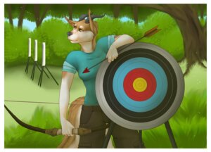 Rating: Safe Score: 0 Tags: 2013 akita anthro archery arrow_(weapon) border bow_(weapon) breasts brown_body brown_eyes brown_fur canid canine canis clothed clothing detailed_background detts domestic_dog e621 elowen_(detts) female forest fur holding_object holding_weapon horn mammal outside plant ranged_weapon solo spitz target tree weapon white_border User: bunchy7s