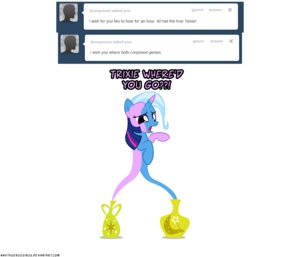Rating: Questionable Score: 0 Tags: alternate_species bottle container dialogue duo e621 english_text equid equine female friendship_is_magic fur fusion genie hair hasbro horn mammal merging multicolored_hair my_little_pony mythological_creature mythological_equine mythology navitaserussirus purple_body purple_fur purple_hair simple_background text trixie_(mlp) tumblr twilight_sparkle_(mlp) two_tone_hair unicorn url User: bunchy7s