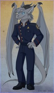 Rating: Safe Score: 0 Tags: 2011 anthro anyare clothed clothing dragon e621 fully_clothed fur furred_dragon furred_scalie glowing glowing_eyes larkstarr male membrane_(anatomy) membranous_wings mythological_creature mythological_scalie mythology pose scalie smile solo tail uniform wings User: bunchy7s