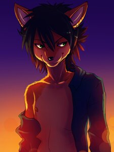 Rating: Questionable Score: 0 Tags: 3:4 anthro backlighting black_hair black_nose clothed clothing e621 front_view fur gradient_background green_eyes hair half-length_portrait lens_flare light lighting looking_aside male nipples open_clothing open_shirt open_topwear orange_body orange_fur partially_clothed portrait shirt short_hair simple_background smile solo sunset topwear unknown_artist User: bunchy7s