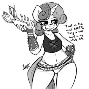 Rating: Questionable Score: 0 Tags: 1:1 2014 alternative_fashion ammo_belt anthro anthrofied aquatic arthropod breasts cleavage clothed clothing corpse_paint crustacean decapod dialogue duo e621 english_text equid equine female feral fingerless_gloves friendship_is_magic gloves greyscale hair handwear hasbro horn lifting lobster malacostracan mammal metalhead monochrome multicolored_hair my_little_pony mythological_creature mythological_equine mythology navel open_mouth panties simple_background small_breasts solo_focus spikes sweetie_belle_(mlp) text two_tone_hair underwear unicorn wide_hips zajice User: bunchy7s