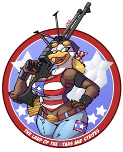 Rating: Questionable Score: 0 Tags: 2013 accipitrid accipitriform american_eagle american_flag anthro avian bald_eagle beak belt belt_buckle big_breasts biped bird blonde_hair blue_eyes bottomwear bracelet breasts brown_body brown_fur buckle circle cleavage clothed clothing crop_top digital_media_(artwork) e621 eagle eyewear eyewear_on_head female front_view fur gun hair hand_on_hip happy holding_gun holding_object holding_ranged_weapon holding_weapon jaeh jewelry kerchief legs_together looking_at_viewer looking_away m60 machine_gun midriff non-mammal_breasts open_mouth open_smile pants patriotism politics portrait pose proud ranged_weapon sea_eagle shirt simple_background smile solo spiked_bracelet spikes standing star stripes studded_bracelet studded_jewelry studs sunglasses tank_top text thick_thighs three-quarter_portrait three-quarter_view topwear united_states_of_america weapon white_background white_body white_fur wide_hips User: bunchy7s