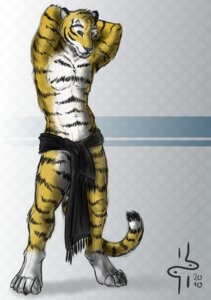 Rating: Safe Score: 0 Tags: 2010 anthro biped bottomwear clothed clothing covering covering_self e621 felid front_view fur green_eyes hands_behind_head hi_res hufnaar leg_markings loincloth looking_at_viewer male mammal markings nude pantherine pose scarf socks_(marking) solo standing stripes tail tiger topless ulbrek whiskers yellow_body yellow_fur User: bunchy7s