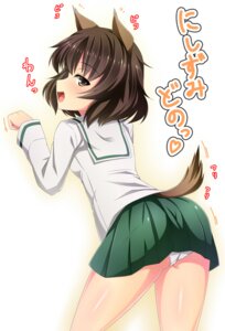 Rating: Questionable Score: 0 Tags: akiyama_yukari animal_humanoid asian_clothing bottomwear brown_hair clothed clothing digital_media_(artwork) e621 east_asian_clothing female girls_und_panzer hair humanoid japanese_clothing japanese_school_uniform japanese_text kuragari mammal open_mouth panties school_uniform serafuku shaded skirt solo tail text underwear uniform upskirt yellow_eyes User: bunchy7s