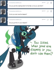 Rating: Questionable Score: 0 Tags: 2013 arthropod changeling_(mlp) clothing crinklebottomchrysalis dialogue diaper e621 english_text eyes_closed fangs female feral friendship_is_magic green_eyes green_hair hair hasbro hi_res hole_(anatomy) horn insect_wings my_little_pony pigtails quadruped queen_chrysalis_(mlp) solo tail teeth text tumblr what_has_magic_done white_diaper wings User: bunchy7s