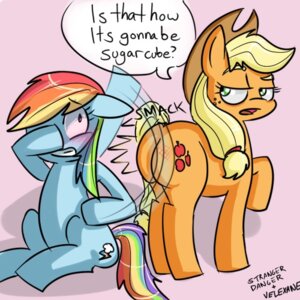 Rating: Safe Score: 0 Tags: 1:1 2013 applejack_(mlp) artist_collaboration blonde_hair blue_body blue_fur blush butt clothing cowboy_hat cutie_mark duo e621 earth_pony embarrassed equid equine female feral freckles friendship_is_magic fur green_eyes hair hasbro hat headgear headwear horse looking_back low_res mammal multicolored_hair multicolored_tail my_little_pony open_mouth orange_body orange_fur pony purple_eyes rainbow_dash_(mlp) rainbow_hair rainbow_tail slap strangerdanger tail velexane User: bunchy7s
