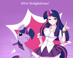 Rating: Safe Score: 0 Tags: 2012 5:4 alternate_species bottomwear bracelet breasts clothed clothing cutie_mark duo e621 equid equine female feral friendship_is_magic fur hair hasbro hi_res horn humanoid humanoidized jewelry looking_at_viewer mammal multicolored_hair my_little_pony mythological_creature mythological_equine mythology ninja-8004 one_eye_closed purple_body purple_eyes purple_fur purple_hair shirt skirt smile standing tail topwear twilight_sparkle_(mlp) two_tone_hair unicorn wink User: bunchy7s