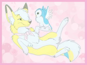 Rating: Safe Score: 0 Tags: 2010 avian bird black_nose blondefoxy blue_body blue_feathers border canid canine clothing duo e621 feathered_wings feathers female feral fur hair lucky_(blondefoxy) lying mammal on_back paws pink_background pink_border simple_background tail white_body white_feathers white_fur white_hair wings yellow_body yellow_fur User: bunchy7s